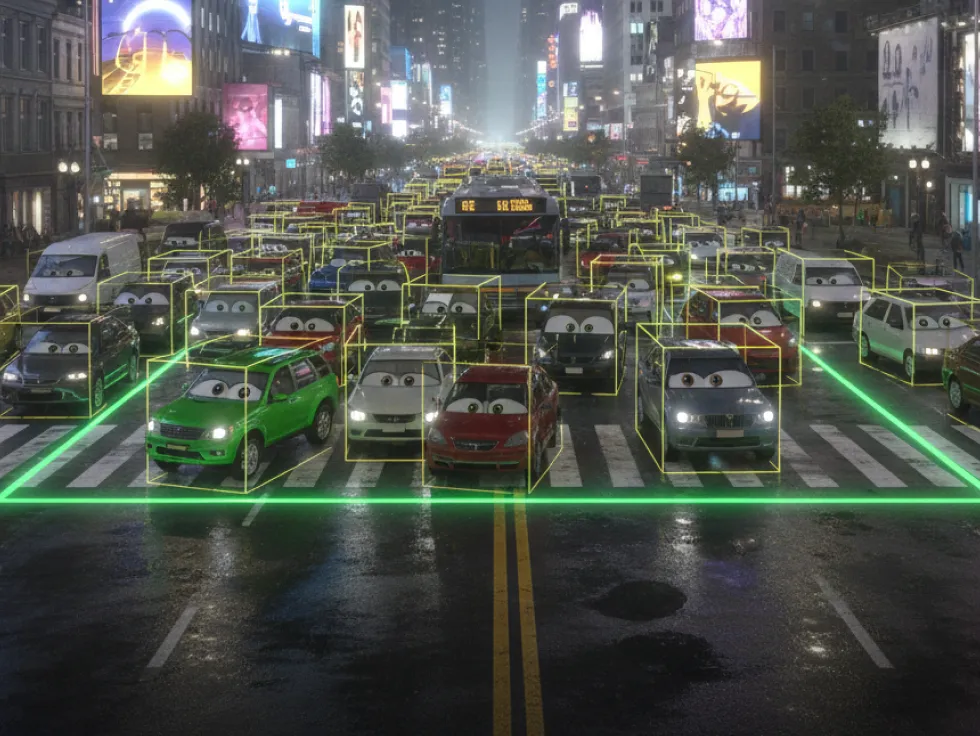Rush Hour CCTV game — traffic scene with vehicle detection boxes and city intersection