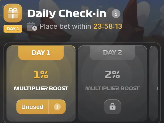Rush Hour Daily Check-in interface — Day 1 with 1% multiplier boost unused, Day 2 with 2% multiplier boost locked, 23:58:13 countdown timer