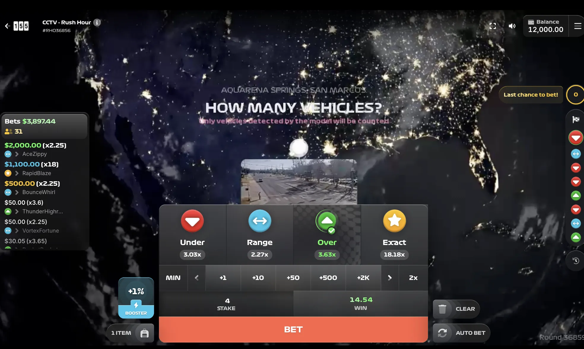 Rush Hour CCTV game showing San Marco location with Under, Range, Over and Exact betting tiers