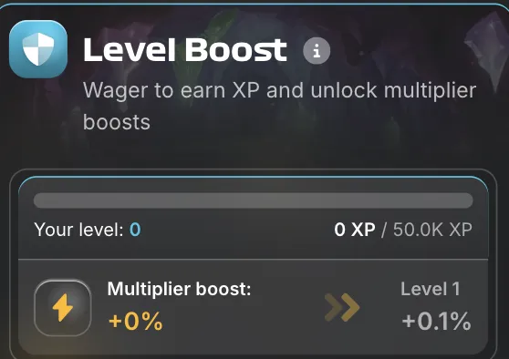 Rush Hour Level Boost panel — XP progress bar showing 0 XP / 50.0K XP with multiplier boost from +0% to +0.1% at Level 1