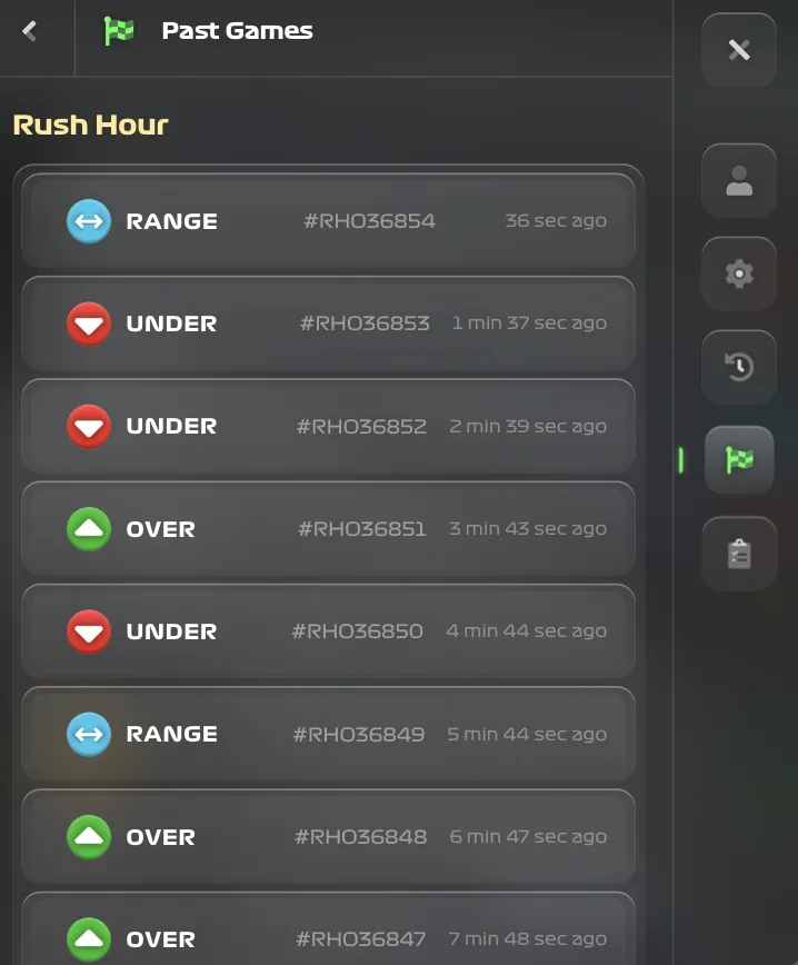 Rush Hour CCTV past games panel showing bet history with game IDs and bet types