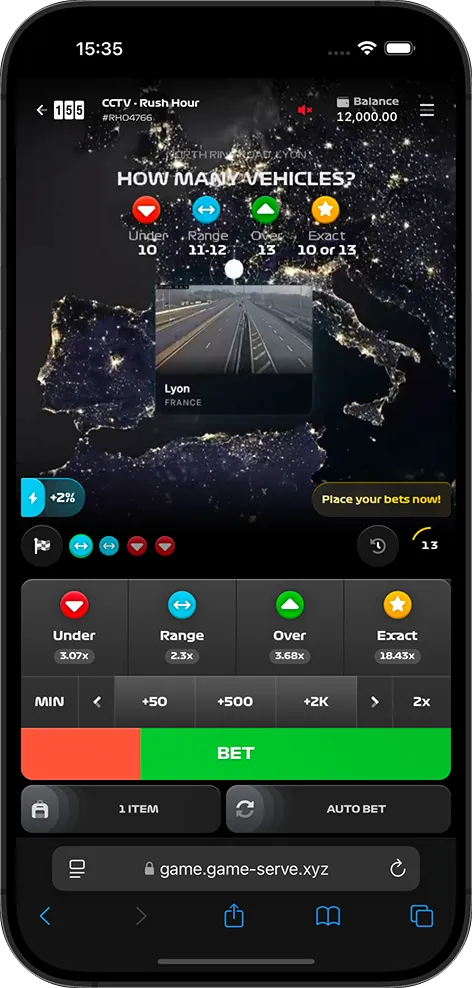 Rush Hour CCTV game running on iPhone — live betting interface with CCTV feed from Lyon, France